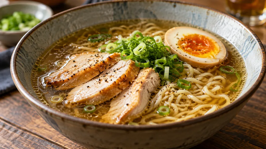 Bol de ramen au poulet, Å“uf et oignons nouveaux