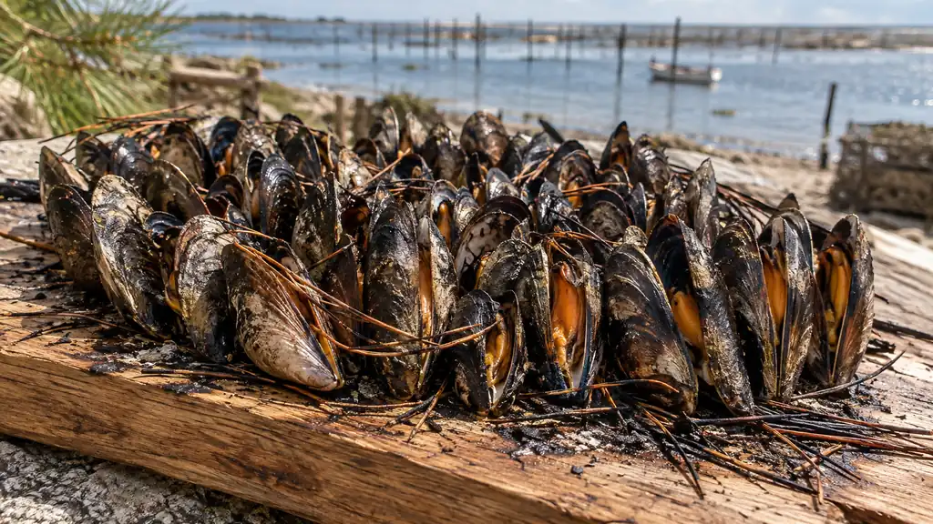 Moules dâ€™une Ã©clade sur une planche, aprÃ¨s cuisson aux aiguilles de pin