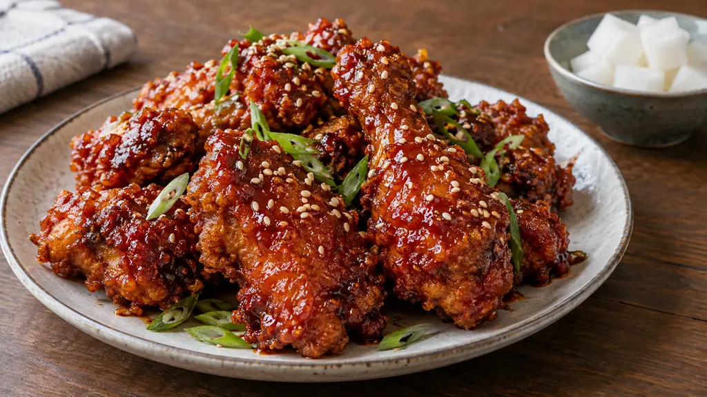 Poulet frit corÃ©en nappÃ© de sauce, sÃ©same et radis marinÃ©s