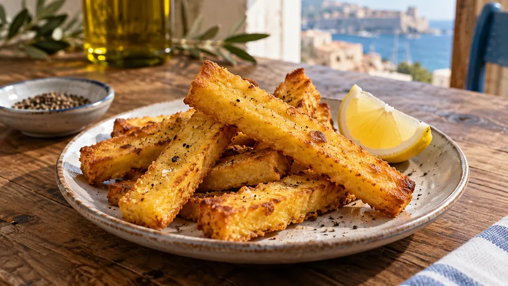 Panisse : la recette marseillaise croustillante au pois chiche 1 Bâtonnets de panisse dorés avec un quartier de citron