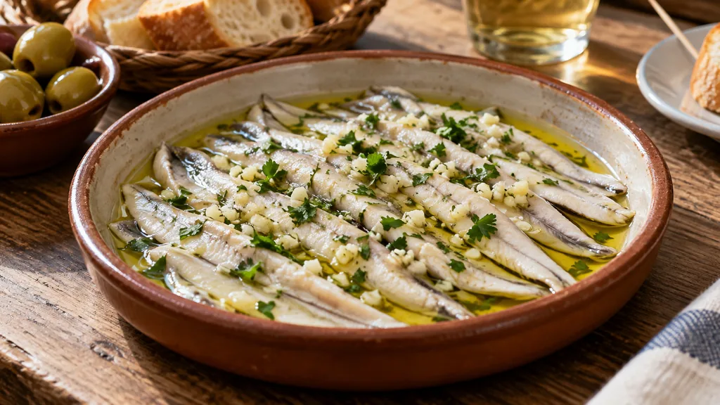 Boquerones : la recette des anchois marinés au vinaigre à l'espagnole 1 Filets d’anchois marinés avec ail, persil et huile d’olive