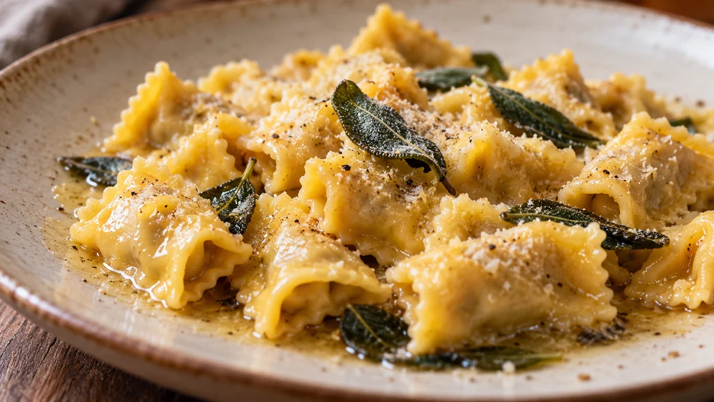 Agnolotti au beurre et Ã  la sauge dans une assiette