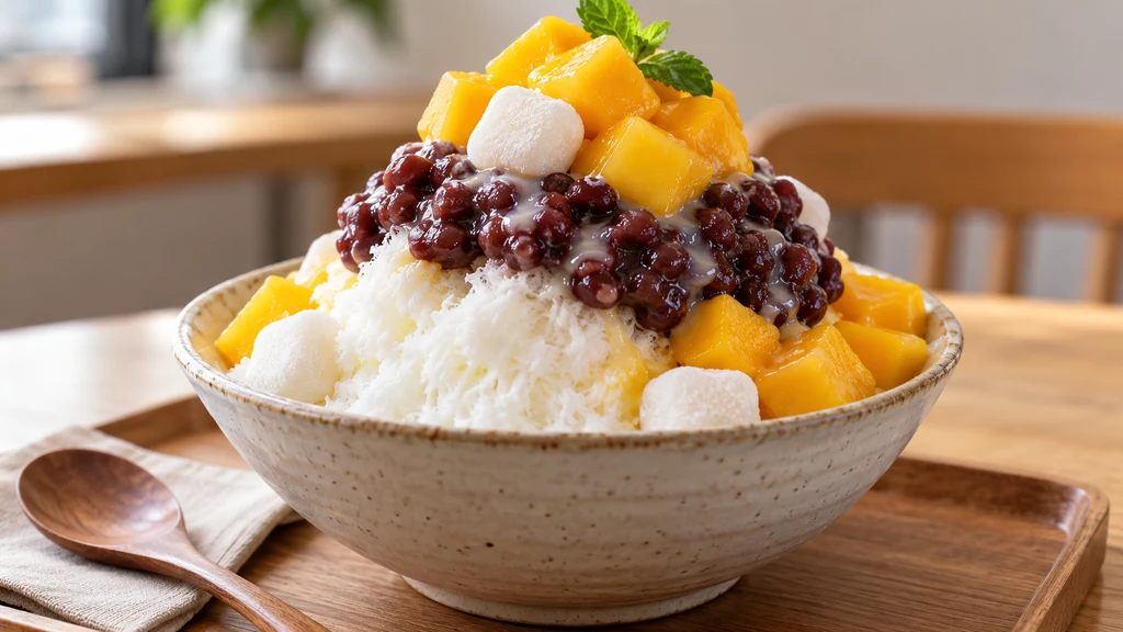 Bingsu : le dessert coréen à la glace pilée, recette et variantes 1 Bingsu à la neige de lait, fruits et haricots rouges