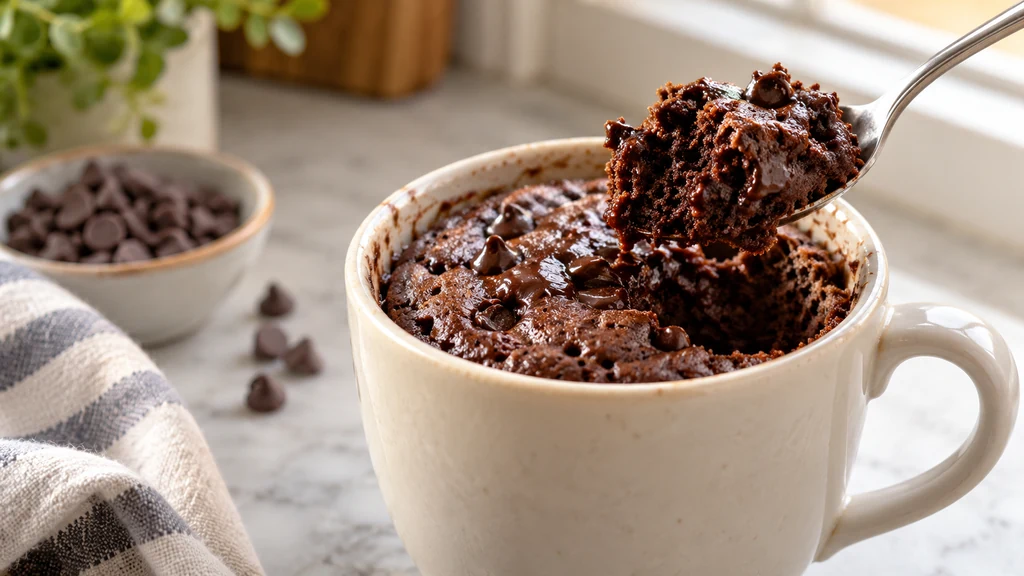 Mug cake au chocolat dans une tasse en cÃ©ramique